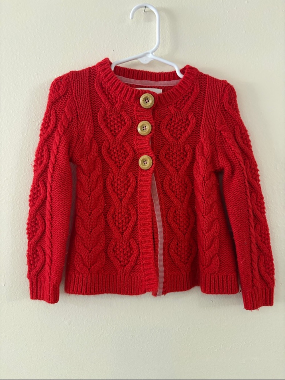 Mini Boden Red Cable Knit Cardigan with Wooden Buttons